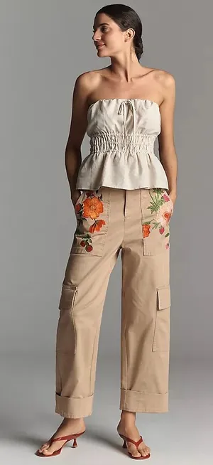 NWT Anthropologie Embroidered Floral Cargo Pants Tan M thumbnail 1
