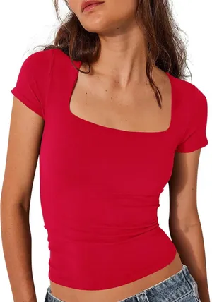 Red Cropped Square Neck Ribbed Crop Top thumbnail 1
