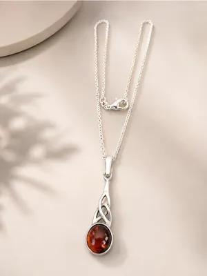 Estate Sterling Silver Celtic Knot Baltic Amber Necklace w/ Sterling Plate Chain thumbnail 5