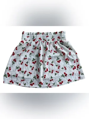 Anthropologie Cherry Print Mini Skirt White Red Fruit A-Line Smocked Waist M thumbnail 2