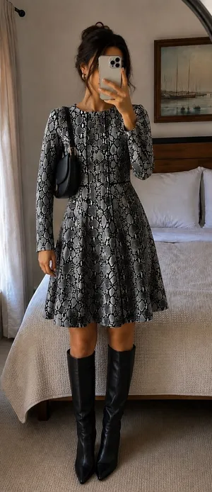 NWOT Michael Kors Snake Print Fit & Flare Dress Size 2 Black Gray Long Sleeve thumbnail 1