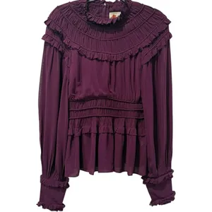 FARM RIO Ruffled Pleated Burgundy Purple Peplum‎ Blouse Sheer Sleeve Top XS thumbnail 4