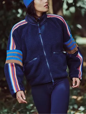 Free People FP Movement Mountain High Sporty Logo Fleece Jacket in Navy Blue thumbnail 1