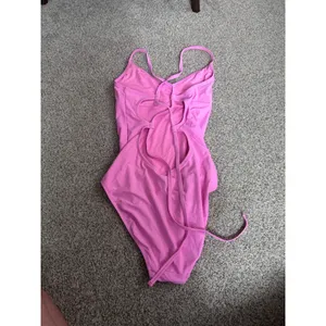 Aerie Pink One Piece Swimsuit Lace Up Back V-Neck Long Torso Size L/G thumbnail 4
