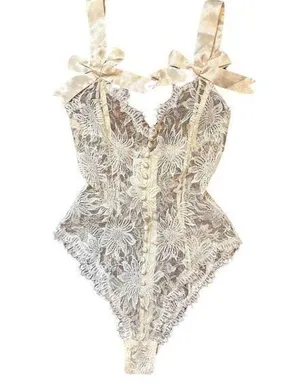 Victorias Secret Gold Label Vintage Cream Lace Bow straps Bodysuit sz S thumbnail 1
