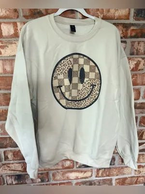 Gildan Tan Sweatshirt with Brown Checkered & Leopard Smiley Graphic thumbnail 1