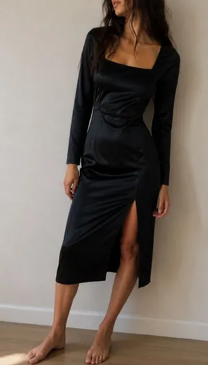 Lulus‎ Fabulous Encounters Black Satin Long Sleeve Midi Dress XS Party Cocktail thumbnail 1