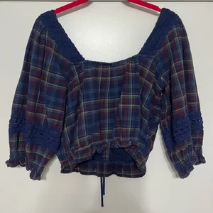AMERICAN EAGLE Lace Puff Sleeve Plaid Eyelet Blouse thumbnail 4
