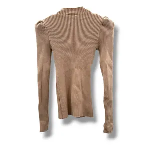 VICI‎ Mock Neck Sweater Small Tan Ribbed Puff Shoulder Long Sleeve Knit Top thumbnail 2