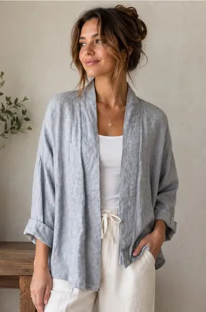 Andrea Jovine Women’s Blue Linen Kimono Cardigan Open Front Size Medium thumbnail 1