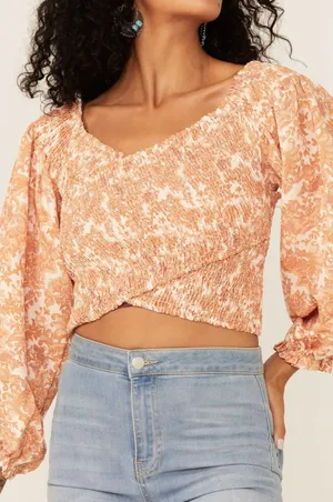Flying Tomato Crop Top Womens Large Orange‎ Paisley Smocked Balloon Sleeve thumbnail 1