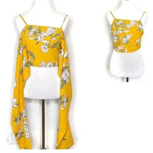 Goodnight Macaroon Boho Tropical Resort Drape Accent Tie Camisole Crop Top S Yellow Floral‎ White thumbnail 2