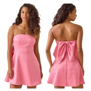 Altar’d State Strapless A-line Bow Mini Dress Pink Satin Size Medium Romantic thumbnail 2