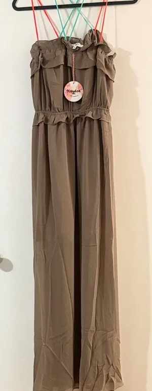 Hayden Taupe Maxi Dress with Ruffle Neckline and Crisscross Straps thumbnail 1
