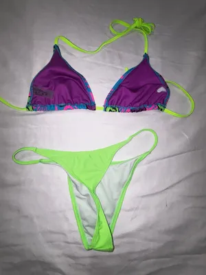 Neon Green and Psychedelic Smiley Print Thong Bikini Set thumbnail 4