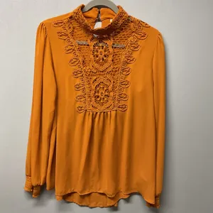 Xhilaration Womens Blouse Mustard Yellow Crochet Lace Bib Boho High Neck Large thumbnail 2