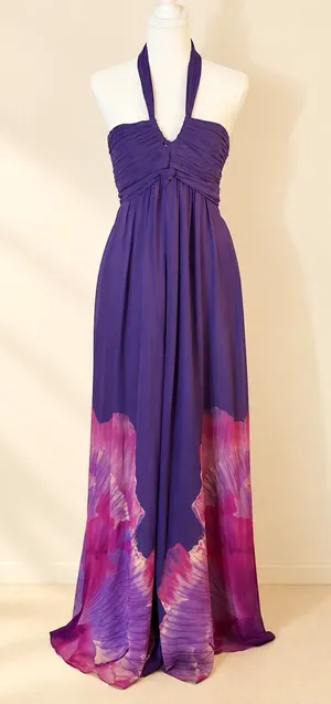 Karen Millen 100% Silk Purple Floral Maxi Dress Size 6 thumbnail 1