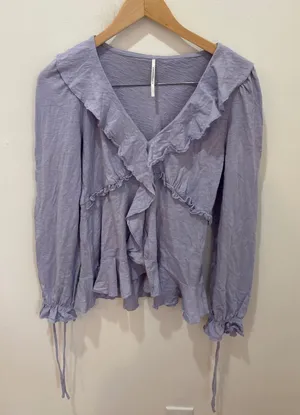 Anthropologie‎ Lavender Purple Ruffle V-Neck Cotton Slub Peplum Blouse Top thumbnail 1