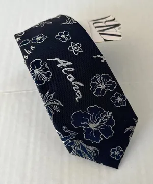 NWT Zara Sz M Navy Blue Floral Aloha Silk Thin Slim Necktie 58"‎ x 2.5" inch thumbnail 1