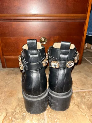 Steve madden Women's Black Leather Ankle Boots with Decorative Crystal Strap thumbnail 4