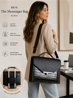 BEIS Black Leather Croc Embossed Padded Laptop Bag with Shoulder Strap thumbnail 2