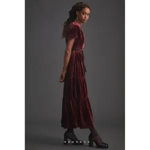 NWT by Anthropologie The Somerset Maxi in Red Maroon Velvet Edition Dress XS thumbnail 2