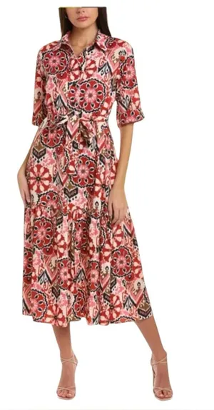 Zara Red and Pink Printed Midi Shirt Dress size S thumbnail 1