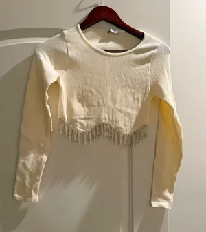 Zara Women’s Cream Beaded Hem Long-Sleeve Crop Top thumbnail 1