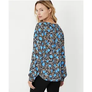 Ann Taylor Floral Seamed Split Neck Popover Blouse Night Sky Lightweight SZ S thumbnail 2
