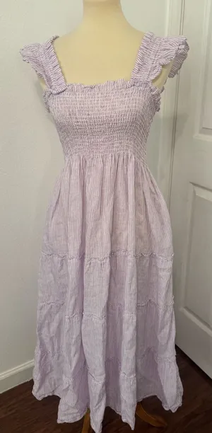 Hill House Home Lavender Stripe Linen Ellie Nap Dress Midi Smocked Preppy Med thumbnail 1