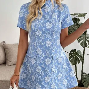 Blue Floral Short Sleeve A-Line Dress thumbnail 1