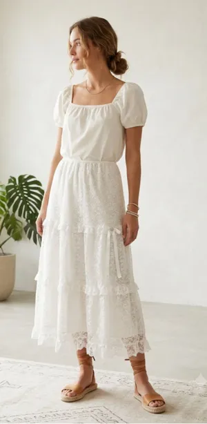 Vintage Periwinkle Lace Tiered Maxi Skirt Cream White Prairie Cottagecore M USA thumbnail 1