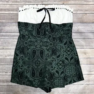 Urban Outfitters White Green Black Antoinette Strapless Brocade Paisley Romper thumbnail 1
