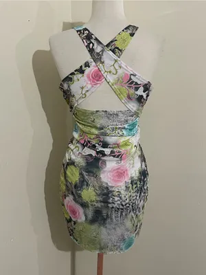 Floral Mesh Mini Dress in Pastel Pink & Aqua thumbnail 3