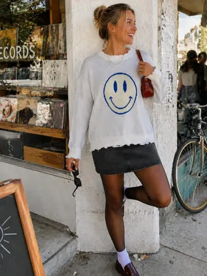 Miss Sparkling Smiley Face Graphic Distressed Knit Crewneck Sweater thumbnail 8