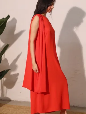 Tyche One-Shoulder Coral Orange Maxi Dress thumbnail 2