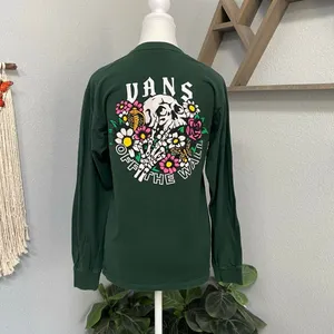 Vans Green Long Sleeve Floral Skulls Spell Out Graphic Shirt Classic Fit thumbnail 2