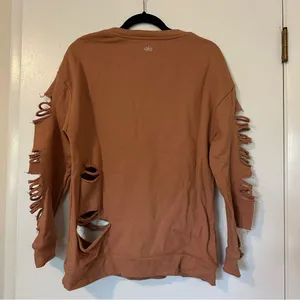 ALO Yoga Fade Distressed Pullover Crewneck Sweatshirt Womens Small Tan thumbnail 7