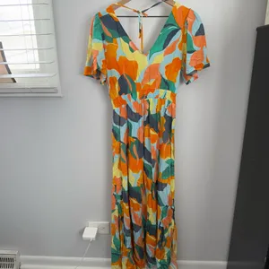 Mabel Hilda Midi Dress Green Orange Abstract Resort Tropical Groovy‎ thumbnail 2