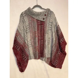 Free People Grey Burgundy Fair Isle Wool Blend Button Collar Poncho‎ Sweater M thumbnail 2