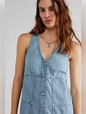 Free People We The Free Pocket Full of Sunshine Denim Mini Dress Size Medium thumbnail 3