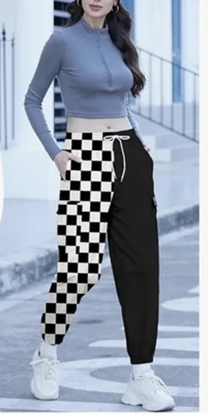 Sangtree Womens Drawstring Cargo Jogger Pants Checkered Women’s L Black Size L thumbnail 1