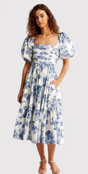 Abercrombie Fitch Midi Dress Blue Emerson Poplin Floral Puffed Pleated Boho XS thumbnail 1