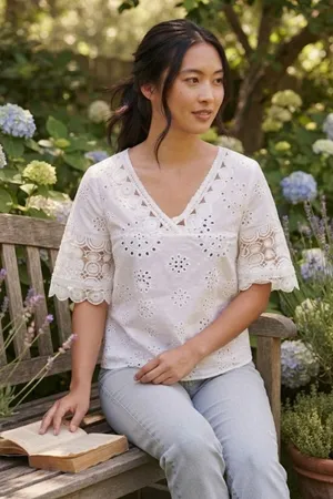 White Crocheted Blouse with Bell Sleeves Size none thumbnail 1