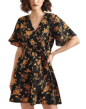Black Poppy NWT Gold & Black Floral V-Neck Mini Wrap Dress Medium thumbnail 1