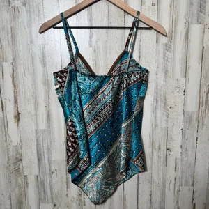 Vintage Y2k Paisley Blue Brown Handkerchief Cami Top Womens Medium thumbnail 4