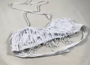 LG White Cowboy Fringe Halter Tie up Swimsuit top thumbnail 1