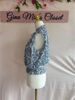 Miss Me Women's Small Blue Floral Ruffled Sleeveless Blouse thumbnail 3
