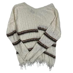 Daytrip Boho Fringe Sweater Cream Striped Distressed‎ Hem Knit Top M/L thumbnail 5