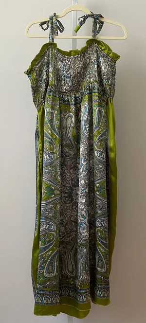 Mamta Boho Beachy Paisley Smocked Tie Strap Maxi Dress OS Green thumbnail 1